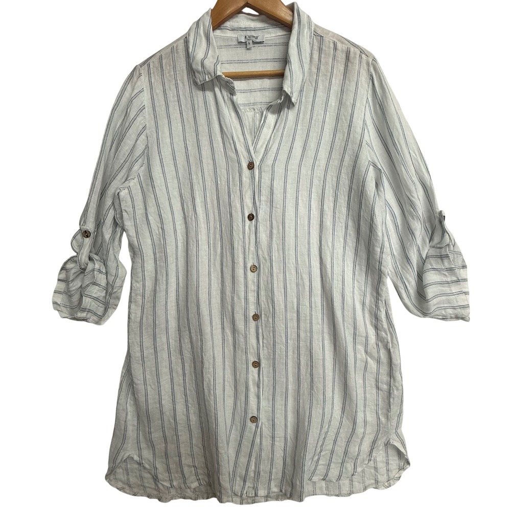 Rosemarine Italy Striped 100% Linen Roll Tab Sleeve Tunic Large Coast Blue White